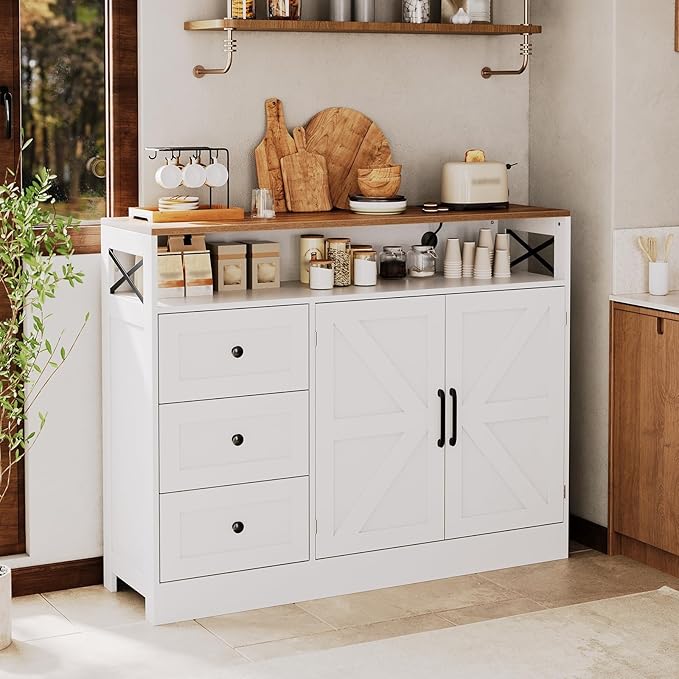 Buffet Cabinet Sideboard with Storage, 47" Farmhouse Coffee Bar Kitchen Buffet Storage Cabinet with 3 Drawers, Adjustable Shelves and Doors, Wood Kitchen Table for Dining Room Furniture