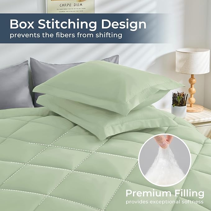 HEVUMYI Cali-King Comforter Set - 7-Piece All Season Bed in a Bag Cali-King, Ultra Soft Bedding Set with Comforter, Flat Sheet, Fitted Sheet, Pillowcases, Pillow Shams, Sage Green & Light Grey