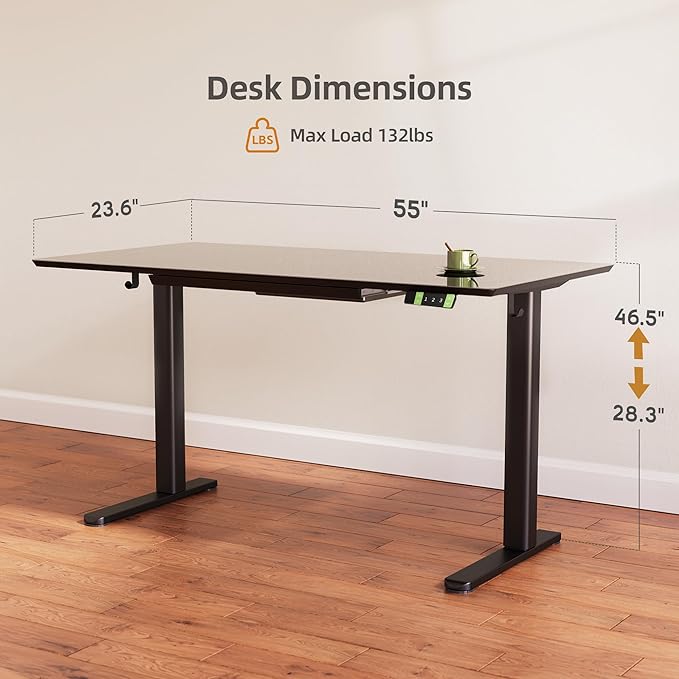 INNOVAR Glass Standing Desk with Drawers, 55×24 Inch Adjustable Stand Up Desk, Quick Install Home Office Computer Desk, Black