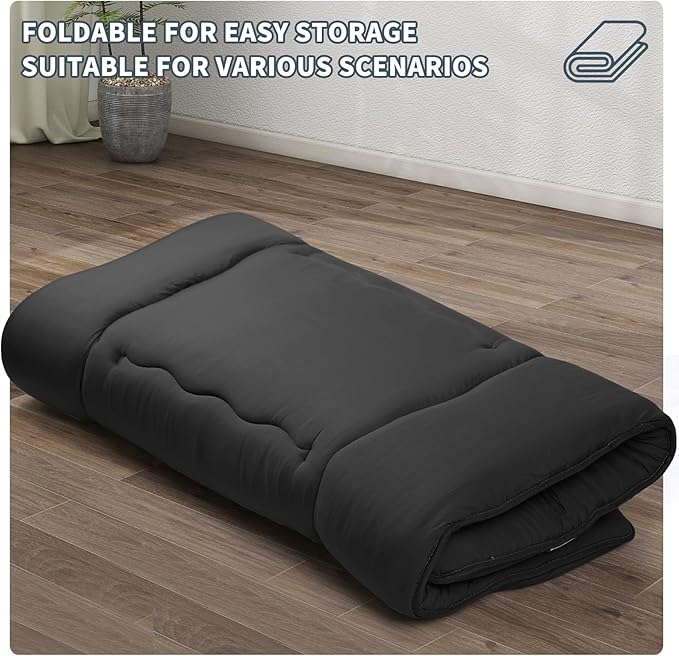 Japanese Floor Mattress,4" Thicken Japanese Floor Sleeping Pad Foldable,Futon Mattress Suitable for Camping and Guest Room (Black, Queen (80" X 60"))