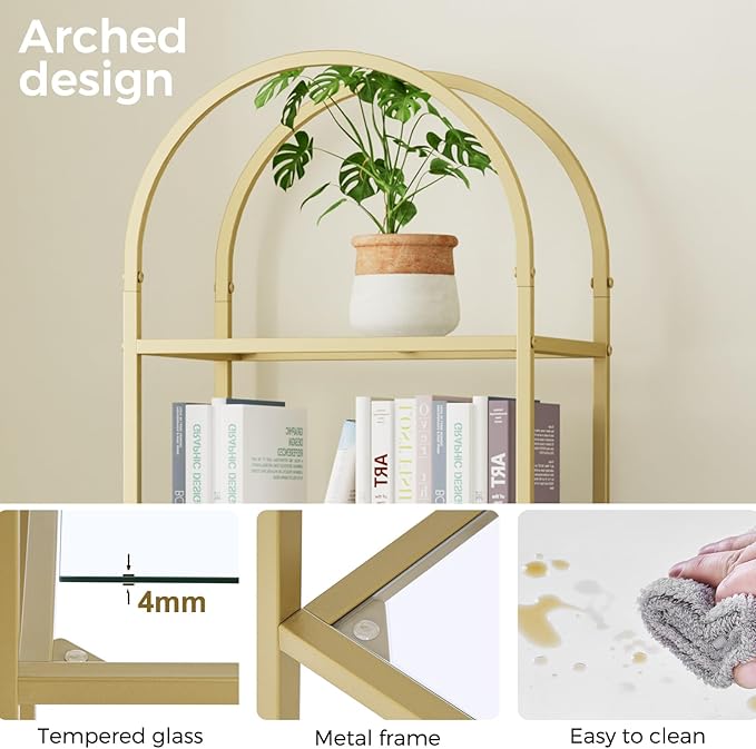 Homhedy Bookshelf Arched Display Racks,Metal Bookcase,Tempered Glass Shelves,Storage Rack Shelf for Home Office,Living Room,Bedroom, Bathroom,Modern Style (Golden, 11.8" D x 13.8" W x 57.1" H)