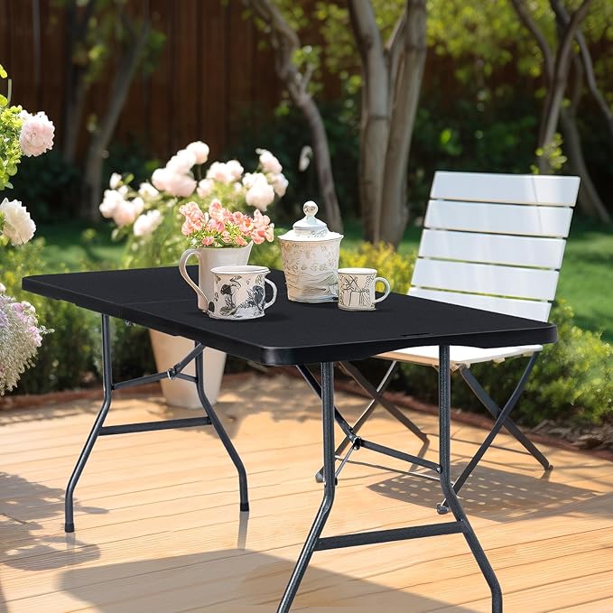 Folding Table 6ft Portable Heavy Duty Plastic Fold-in-Half 6 Foot Foldable Table Utility Dining Indoor Outdoor for Camping Picnic and Party, Black