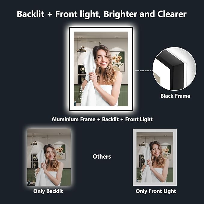 36x30 Inch LED Bathroom Mirror with Lights (Front Lit and Backlit) Black Framed Lighted Vanity Mirror for Bathroom Wall Dimmable Anti-Fog Memory Tempered Glass Horizontal/Vertical
