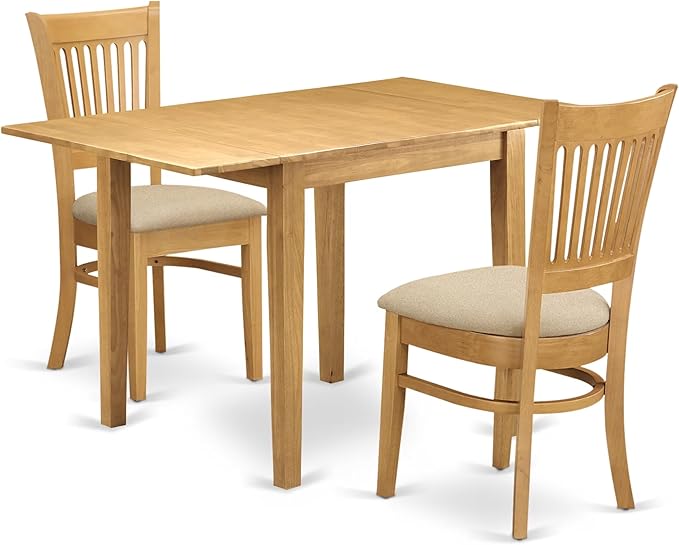 East West Furniture NDVA3-OAK-C 3 Piece Dining Room Furniture Set Contains a Rectangle Kitchen Table with Dropleaf and 2 Linen Fabric Upholstered Dining Chairs, 30x48 Inch, Oak