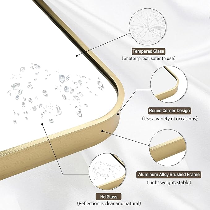 Gold Bathroom Mirror, 16x20 Inch Brushed Gold Aluminum Alloy Framed Rectangle Wall Mirror, Crystal Clear Reflection, Anti-Rust, Easy to Install Vertically or Horizontally