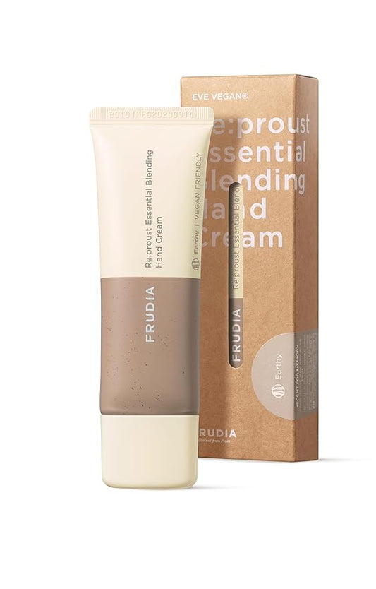 FRUDIA Re:proust Essential Blending Hand Cream – Earthy Scent, 1.76 fl oz | Vegan, Non-Greasy Moisturizer with Shea Butter, Sandalwood, Chamomile & Moringa Oil | Travel-Size 1.76 fl oz