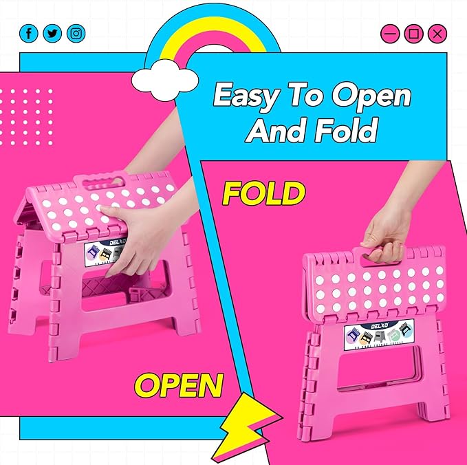 Delxo Folding Step Stool, 9 inch Non-Slip Foldable Stools Up to 300 LBS, Step Stool with Handle, Lightweight for Kitchen, Bathroom, Bedroom, Garden, Rose Pink, 1PC