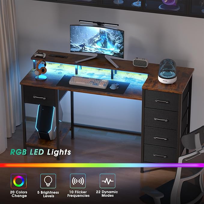 47 Inch Computer Gaming Desk with Power Outlets LED Lights Reversible Home Office with Adjustable Fabric Storage Drawers for Working Writing Study, Rustic Brown