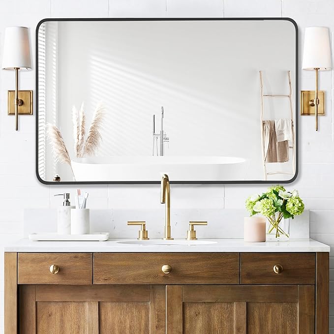 30x48 Inch Rectangle Bathroom Mirror with Black Metal Frame, Rounded Corner Rectangular Vanity Mirror for Wall, Modern Large for Bedroom, Living Room, Horizontal or Vertical