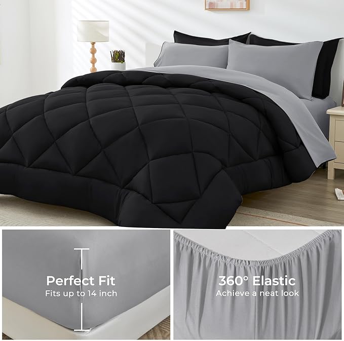 HEVUMYI 120x98 Oversized King Comforter Set - 7-Piece All Season Bed in a Bag Oversized King, Ultra Soft Bedding Set with 120 x 98 Comforter, Flat Sheet, Fitted Sheet, Pillowcases, Black & Light Grey
