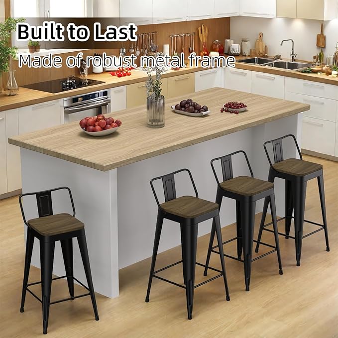 Black Bar Stools Set of 4, Metal Bar Stools with Wooden Seat, Modern 30”Counter Height Barstools with Low Back