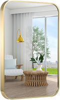 24x36 Inch Bathroom Mirror, Gold Framed Rectangle with Rounded Corner, Aluminum Alloy Framed Brushed Wall Mirror for Bedroom or Living Room, Vertical or Horizontal