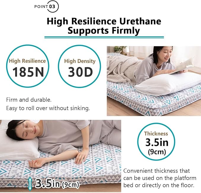 EMOOR Japanese Padded Futon Mattress Machi Queen Triangle-Gray (Shinsengumi Makoto), Gusset Foldable Storable Elastic Bands Floor Sleeping Guest Bed Tatami Mat