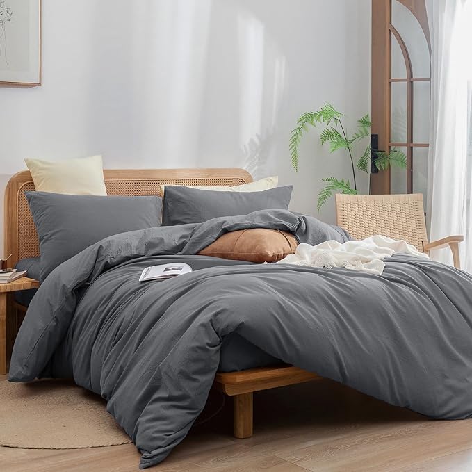 BESTOUCH Duvet Cover Set 100% Washed Cotton Linen Feel Super Soft Comfortable Chic Lightweight 3 PCs Home Bedding Set Solid Quiet Shade Grey Super King