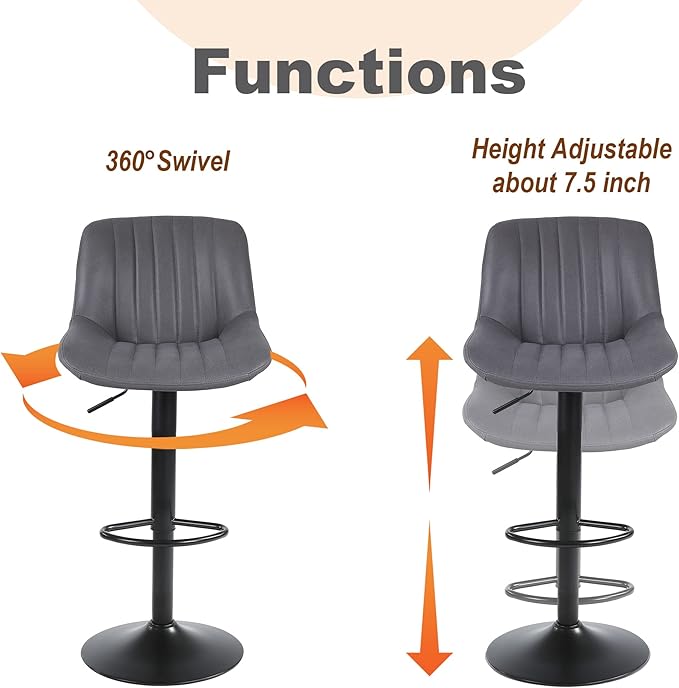 Bar Stools Set of 1, Swivel Counter Height Barstools with Back, Adjustable PU Leather Bar Chairs, Modern Armless Kitchen Island Stool, Dark Grey