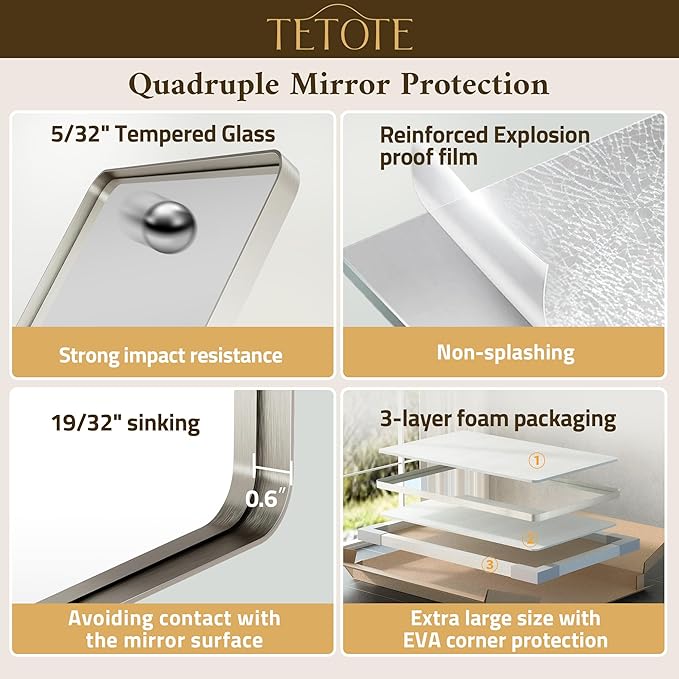 TETOTE 48 x 36 Inch Brushed Nickel Bathroom Mirror Metal Framed Bathroom Mirror, Tempered Glass, Modern Farmhouse Wall Mounted Mirror for Decorative(Horizontal/Vertical)