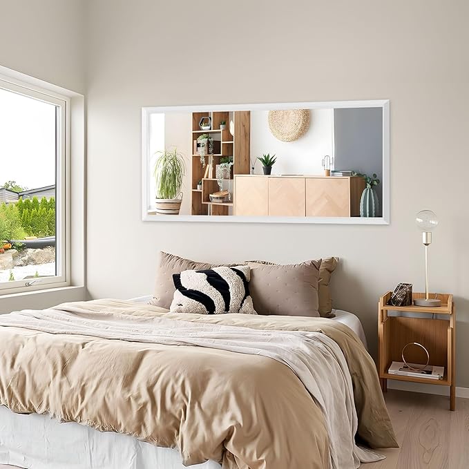 Amorho Bathroom Mirror, 60X28 Inch White Thick Metal Framed Wall Mirrors for Over 2 Sinks, Bedroom, Living Room, Entryway, Large Rectangle Wall-Mounted Mirrors.