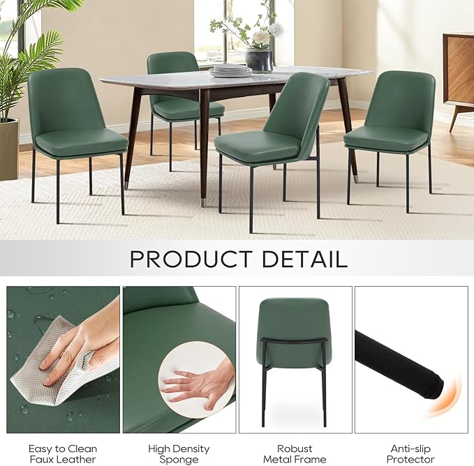 COLAMY Modern Dining Chairs Set of 2, Faux Leather Upholstered Dining Room Chairs Kitchen Chairs Dinner Chair with Curved Back and Metal Legs, Green
