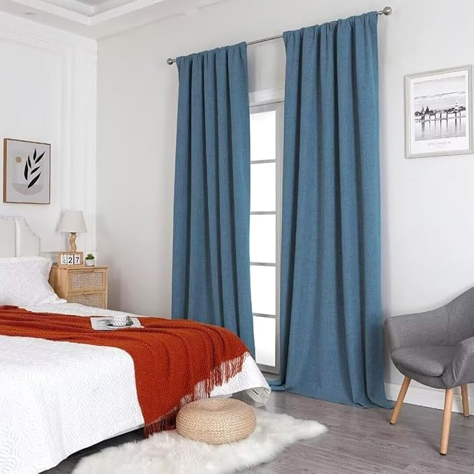 Joydeco Natural Linen Curtains 90 inch Length 2 Panels Set Burg 100% Blackout Patio Door Curtain Room Darkening Sliding Door Curtains Thermal Insulated Back tab Rod Pocket(105x90 inch, Sky Blue)