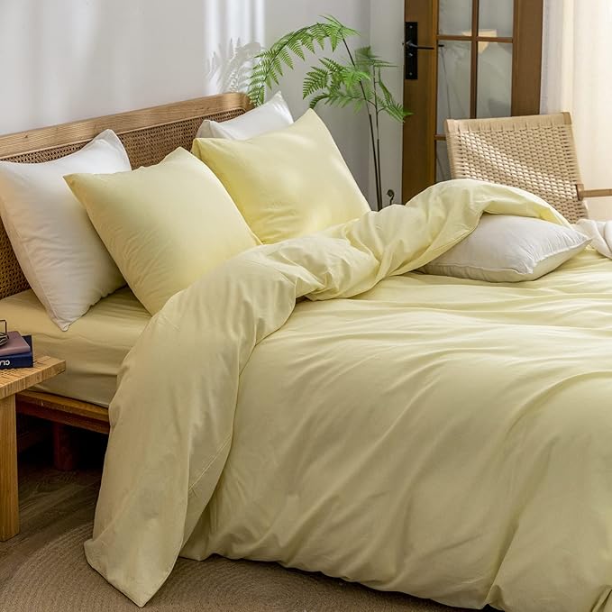 BESTOUCH Duvet Cover Set 100% Washed Cotton Linen Feel Super Soft Comfortable Chic Lightweight 3 PCs Home Bedding Set Solid Light Yellow Queen