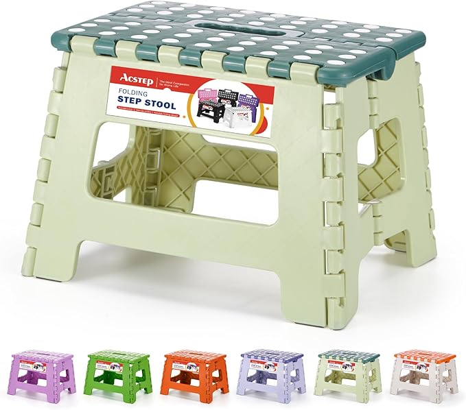 ACSTEP 9 Inch Folding Step Stool 300 LB Capacity Plastic Foldable Step Stools for Kids and Adults, Folding Stool Suitable for Kitchen, Stepping Stool with Handle Bicolor Green Small Step Stool 1PC