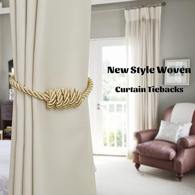 BEL AVENIR Magnetic Curtain Tiebacks, Decorative Drapery Holdbacks Modern Woven Tie-Backs with Exquisite Knot (Gold, 4 Pack)
