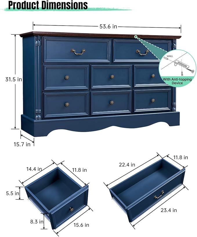 Farmhouse 8 Drawers Dresser for Bedroom with Charging Station, 54" Wide Wood Country Rustic Storage Dressers Organizer, Vintage Design Chest of Drawers TV Stand for Bedroom, Living Room