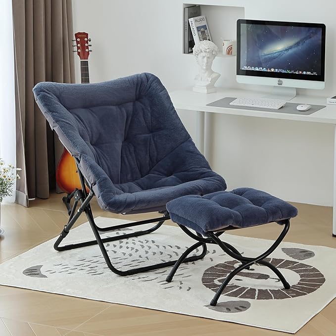 Comfy Folded Chair with Ottoman, Oversized Folding Faux Fur Chair Soft Furry Lounge Lazy Chair with Metal Frame Moon Chair Accent Chair for Bedroom, Living Room, Dorm Rooms