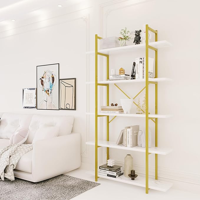 5 Tiers Bookshelf Organizer White Faux Marble Shelf,Modern Open Display Storage Bookcase, and Metal Bookshelf Standing Storage Shelf Tall Shelving Units for Home Office Study