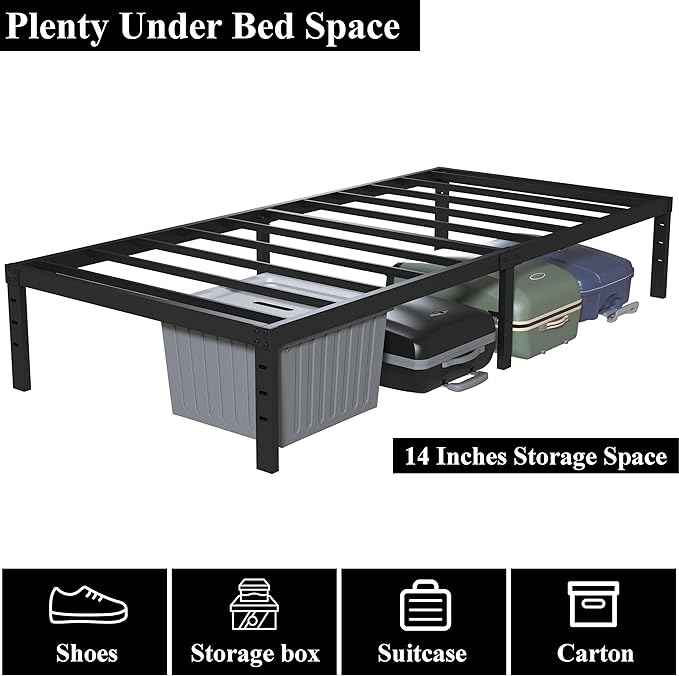16 Inch Narrow Twin Bed Frame 30x75 No Box Spring Needed, Metal Platform 75x30 Narrow Twin Bed Frames, Eassy Assembly 3,500 lbs Heavy Duty Bedframes, Black