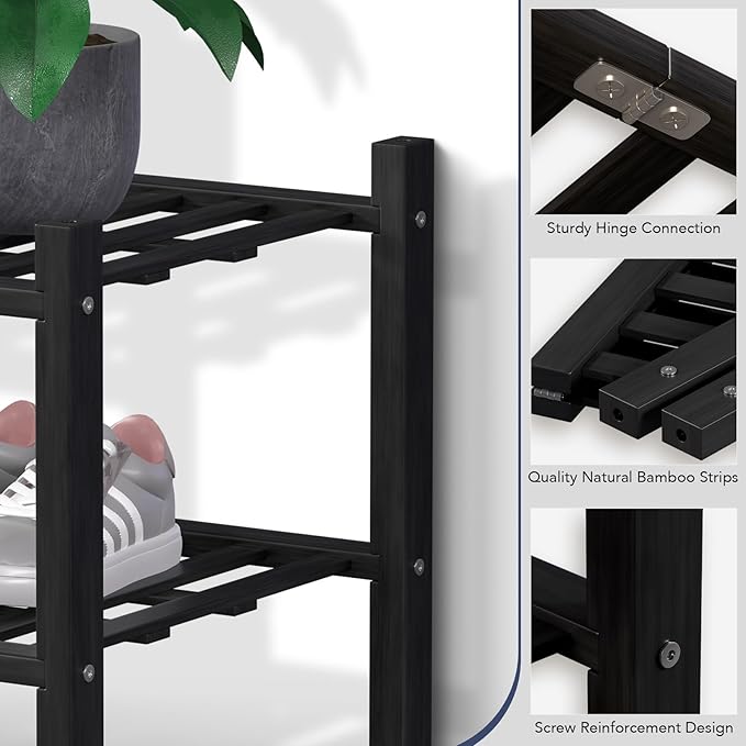 Haddockway 3 Tier Bamboo Shoe Rack Storage Organizer, Multifunctional Free Standing Stackable Shoe Shelf with Grid Panel for Closet,Hallway,Entryway,Small Space 27"x11"x20" (Black, 3 Tier)
