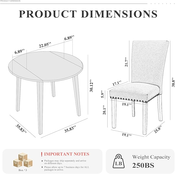 COLAMY 5-Piece Round Dining Table Set for 4, 36" Kitchen Extendable Wood Table with 4 Nailhead Dining Room Chairs,Light Brown/Brown