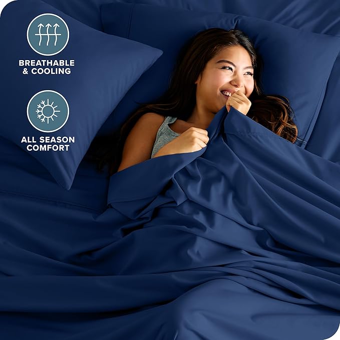 Bare Home Short Queen Sheet Set - 1800 Ultra-Soft Microfiber - Double Brushed - Deep Pockets - Easy Fit - 4 Piece Set - Bed Sheets (Short Queen, Dark Blue)