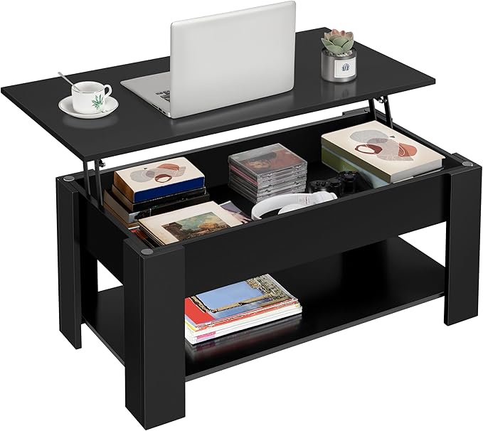 Yaheetech Wooden Coffee Table, Lift Top Coffee Table with Large Hidden Storage Shelf, Lift Tabletop Dining Tables for Living Room, Home Small Space, 38.6in, Black