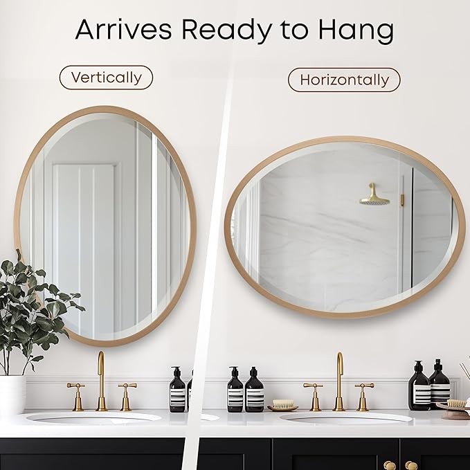 OVALCREST - Oval Wooden Beveled Wall Mirror for Home Decor, Bathroom, Vanity, Bedroom, Living Room, Hallway - London Style (Gold Spray) 25.1 x 37.1