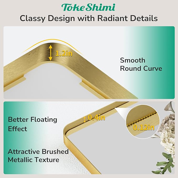 TokeShimi 30x36 Brushed Gold Mirror for Bathroom,Modern Bathroom Vanity Mirror,Tempered Glass,Gold Aluminum Framed Mirror(Horizontal/Vertical)
