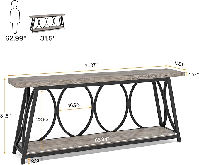 Tribesigns 70.9 inch Extra Long Console Table, Industrial Sofa Table Behind Couch with 2 Tier Storage Shelf, Narrow Entryway Hallway Accent Table for Living Room, Grey