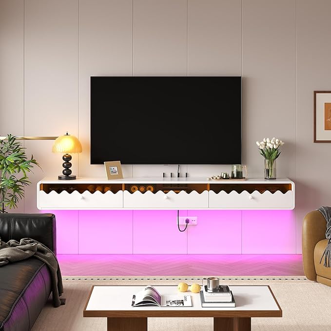 Floating TV Stand, 70IN Fully-Assembled Wall Mounted Wave Glass with Flip-Down Door & Drawers, Modern Media Entertainment Console Under TV Shelf for Livingroom
