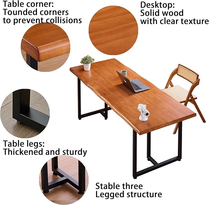 Solid Wood Administrative Desk, Dining Table with Durable Metal Legs, Uniquely Designed Leisure Table, Perfect for Restaurants and Home Offices, (Wood Brown, 78.74in)