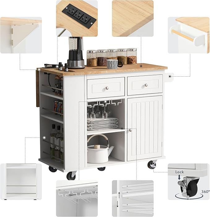 Merax Rubber Wood Kitchen Island with Adjustable Storage, Rolling Kitchen Storage Cart with Drop Leaf, Open Storage, Wine Rack, 5 Wheels for Home, Kitchen, Dining Room, White