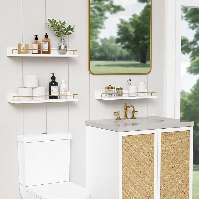 Forbena Gold Floating Shelves for Wall Decor Set of 3, Bathroom Shelves Over Toilet, Modern Display Wall Shelf with Guard Rail for Living Room Bedroom Organizers and Storage - White and Gold