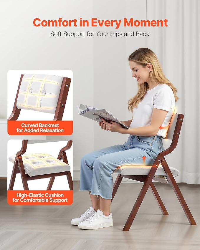 VEVOR Wooden Folding Chairs with Cushion, Set of 2, Portable Foldable Cushion Chair with Wooden Frame, Modern Padded Dining Chair for Kitchen, Office, Wedding, Party, Dining Room, Easy Assembly, White