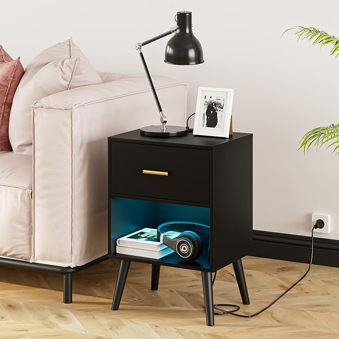 Nightstand with Charging Station and LED Lights, Small Side Table, Bedside Table with Drawer, Modern Night Stand, End Table for Bedroom, Living Room (Black)
