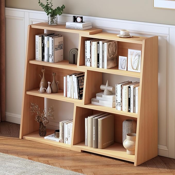 IOTXY Wooden Extendable Shelf Bookcase - 3-Tier Ladder Low Short Bookshelf for Small Space or Corner, Oak, S