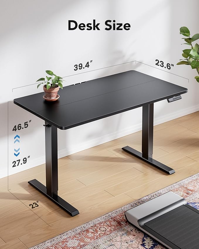 HUANUO 40" x 24" Electric Standing Desk Adjustable Height, 4 Memory Height Settings, Headphone Hook, Cable Manager, Sit Stand Up Desk for Home Office & Computer Workstation, Black