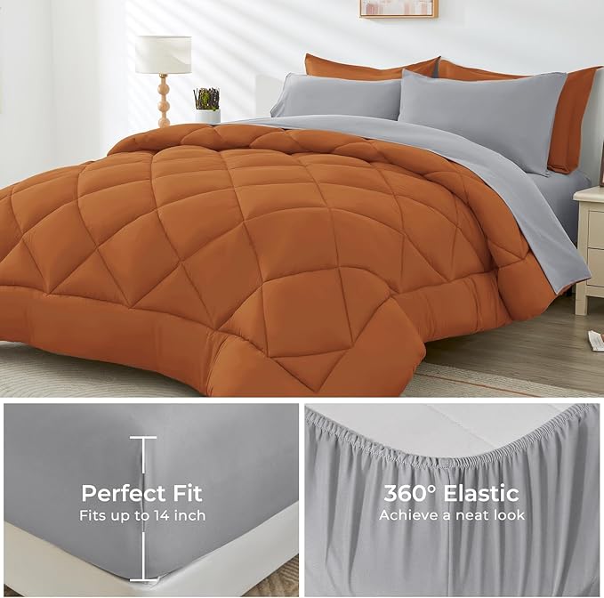 HEVUMYI King Comforter Set - 7-Piece All Season Bed in a Bag King, Ultra Soft Bedding Set with Comforter, Flat Sheet, Fitted Sheet, Pillowcases, Pillow Shams, Orange & Light Grey