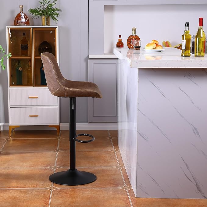 Bar Stools, Swivel Counter Height Barstools with Back, Adjustable Modern Bar Chairs, Tall Armless PU Leather Kitchen Island Stool (Brown, Set of 1)
