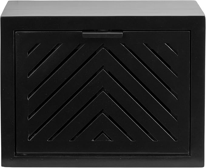 Kate and Laurel Mezzeta Modern Floating Shelf Side Table with Storage Cubby; 16 x 10 x 12; Black; Decorative Slatted Wood Floating Nightstand with Pull Down Door for Use as Bathroom Storage