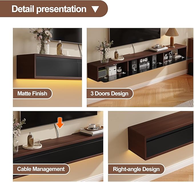 Floating TV Stand Matte Finish, 47'' Wall-Mounted TV Cabinet,Floating TV Console,Under TV Shelf with 3 Doors for Living Room Bedroom(Walnut+Black)