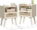 Lerliuo Rattan Nightstands Set of 2 with Charging Station, Side Table with Drawer Open Shelf, Cane Accent Bedside End Table, Night Stand for Bedroom, Dorm and Small Spaces (Grey White)